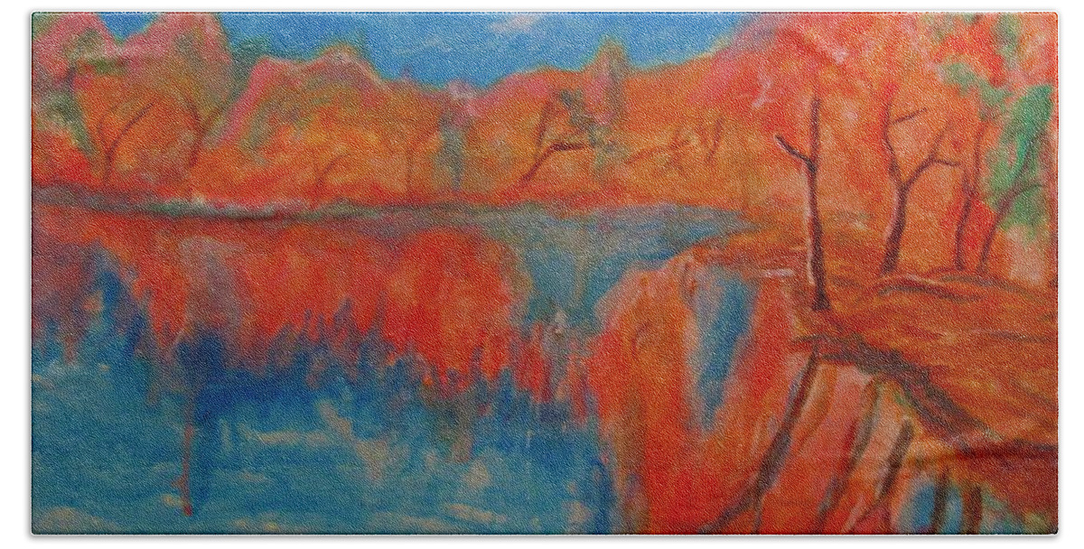 Lake Hand Towel featuring the painting Lake Mirror by Stanley Morganstein