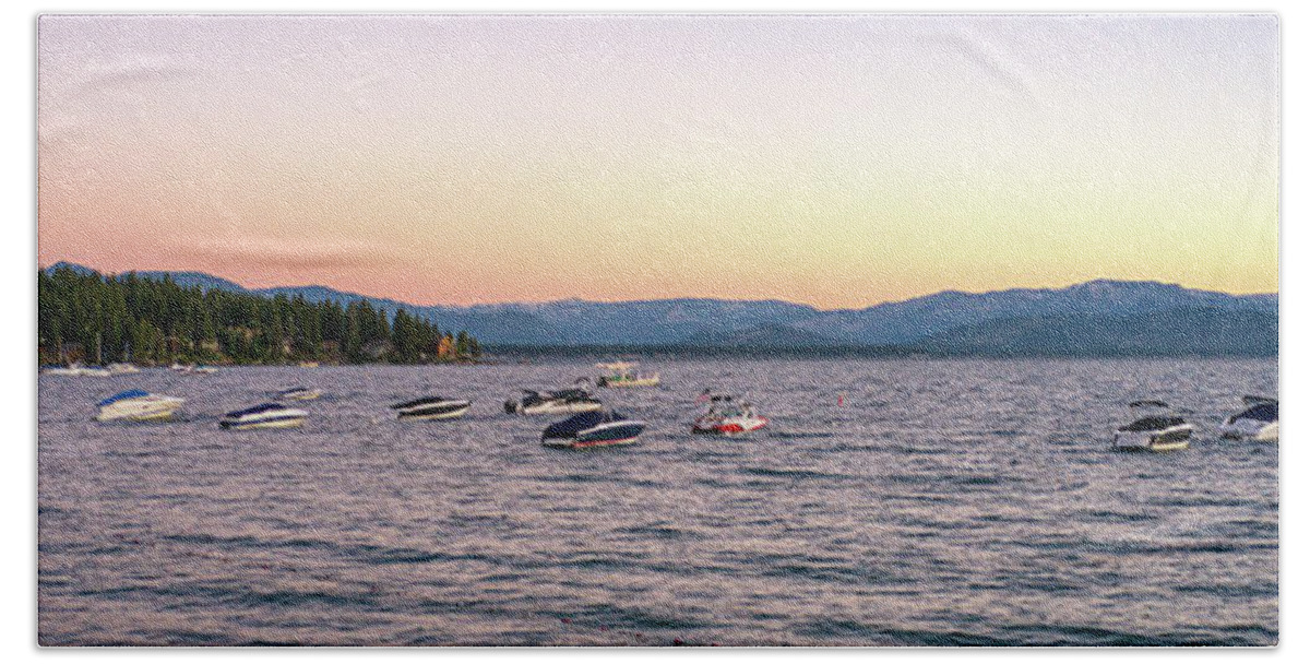Lake Tahoe Bath Towel featuring the photograph Lake Tahoe Pink Sky by Anthony Giammarino