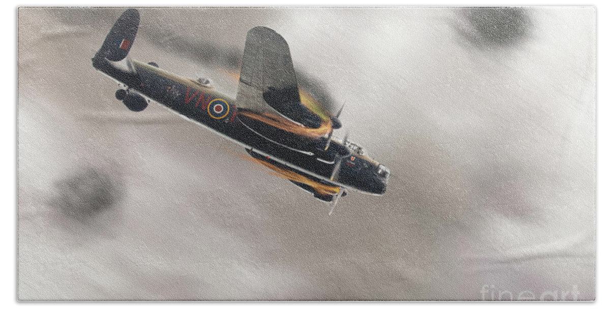 Lancaster Bomber Bath Towel featuring the photograph Lancaster bomber on fire crashing by Simon Bratt