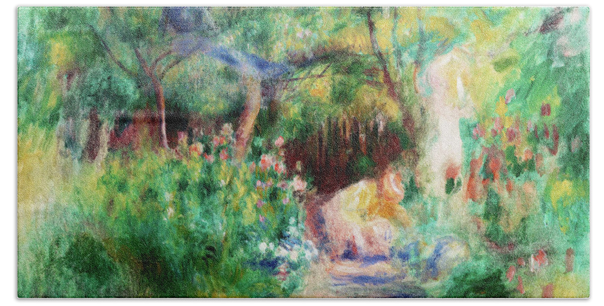 Abstract Bath Towel featuring the painting Landscape with Woman Gardening - Digital Remastered Edition by Pierre-Auguste Renoir