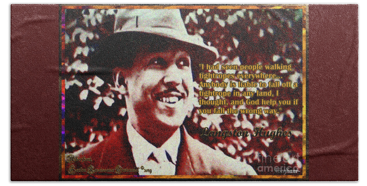 Harlem Renaissance Bath Towel featuring the mixed media Langston Hughes Quote on People Walking Tightropes by Aberjhani