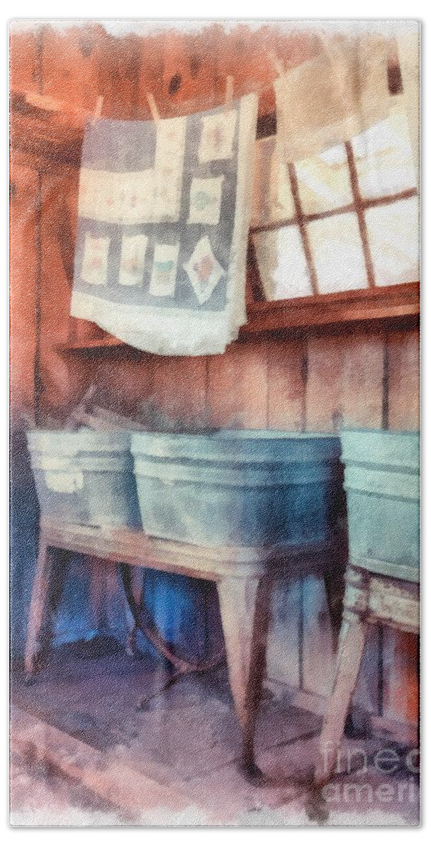 Watercolor Bath Towel featuring the digital art Laundry Day Wash Tubs by Edward Fielding