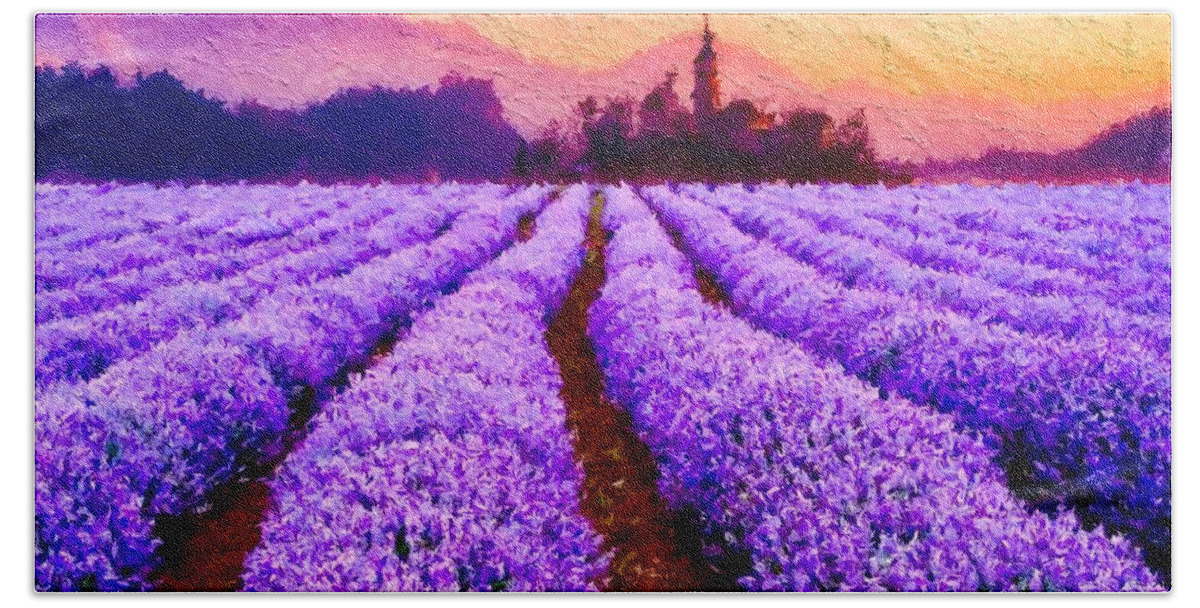 Original Composition By Breenabriggemanart ©2019 Lavender Fields Castle Sunset Sunrise Bright Colorful Whimsical Contemporary Art Wall Canvas Acrylic Painting Prints Wood Metal Tote Bags Yoga Mats Framed Giclee Gallery Towels Shower Curtains Duvet Cover Pillows Living Dining Bedroom Bathroom Business Office Bath Towel featuring the mixed media Lavender Fields Forever by Breena Briggeman