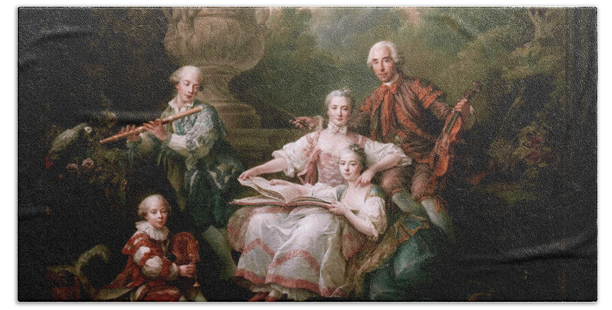Le Marquis De Sourches Famille Hand Towel featuring the painting Le Marquis de Sourches et sa Famille by Francois Hubert Drouais by Rolando Burbon