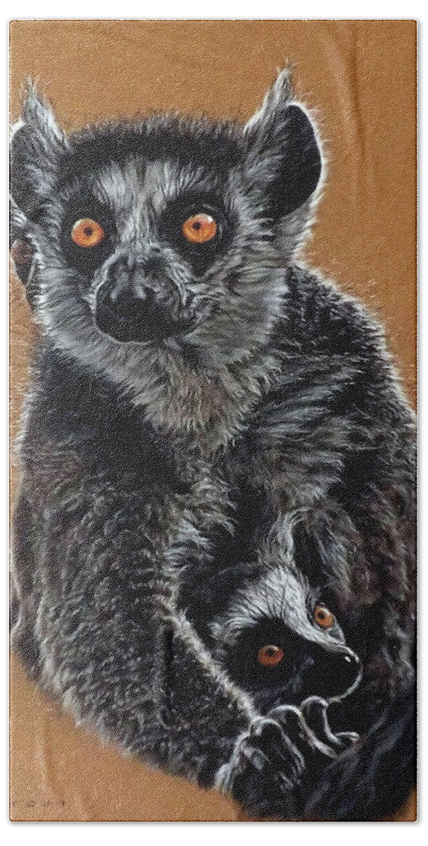 Lemurs Hand Towel featuring the painting Lemurs by Linda Becker