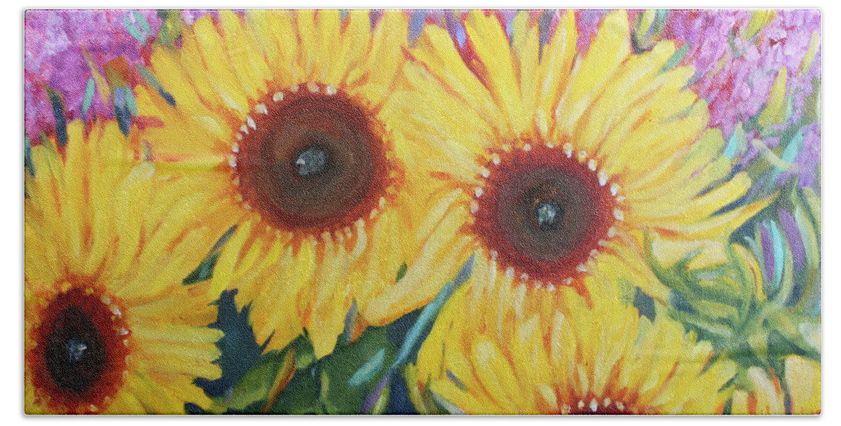 Sunflowers Bath Towel featuring the painting Let the Sunshine In by Christiane Kingsley