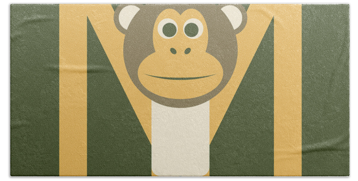 Animal Alphabet Bath Towel featuring the digital art Letter M - Animal Alphabet - Monkey Monogram by Jen Montgomery