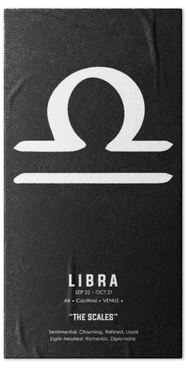 Libra Bath Towel featuring the mixed media Libra Print 2 - Zodiac Signs Print - Zodiac Posters - Libra Poster - Black and White - Libra Traits by Studio Grafiikka