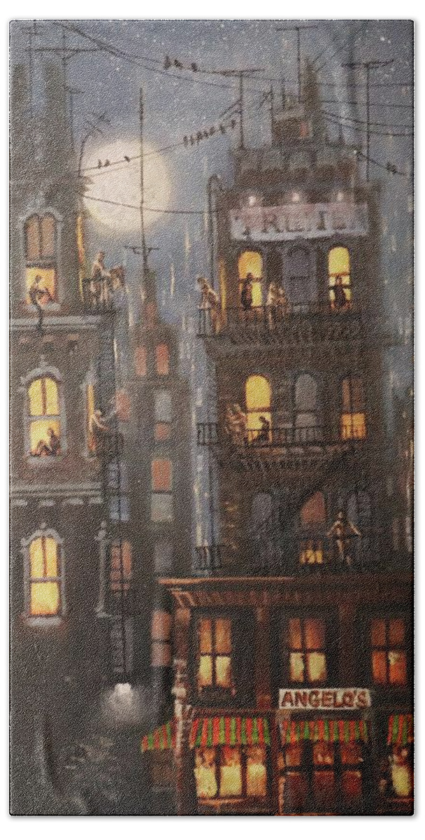 City Scene Hand Towel featuring the painting Life Above Angelo's by Tom Shropshire