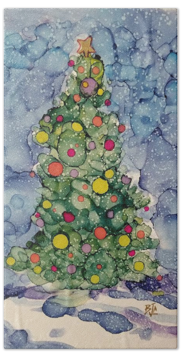 Christmas Tree Hand Towel featuring the painting Light Snow on Christmas by Billie Colson