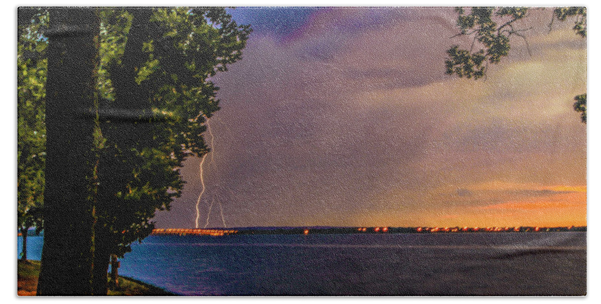 Grand Lake Hand Towel featuring the photograph Lightening Over the Lake by David Wagenblatt