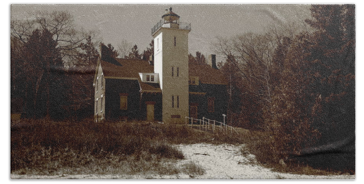 40 Hand Towel featuring the photograph Lighthouse - 40 Mile Point Michigan 2 Sepia by Frank Romeo