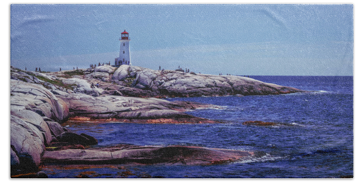 Atlantic Canada Bath Towel featuring the digital art Lighthouse at Peggys Cove by Ken Morris