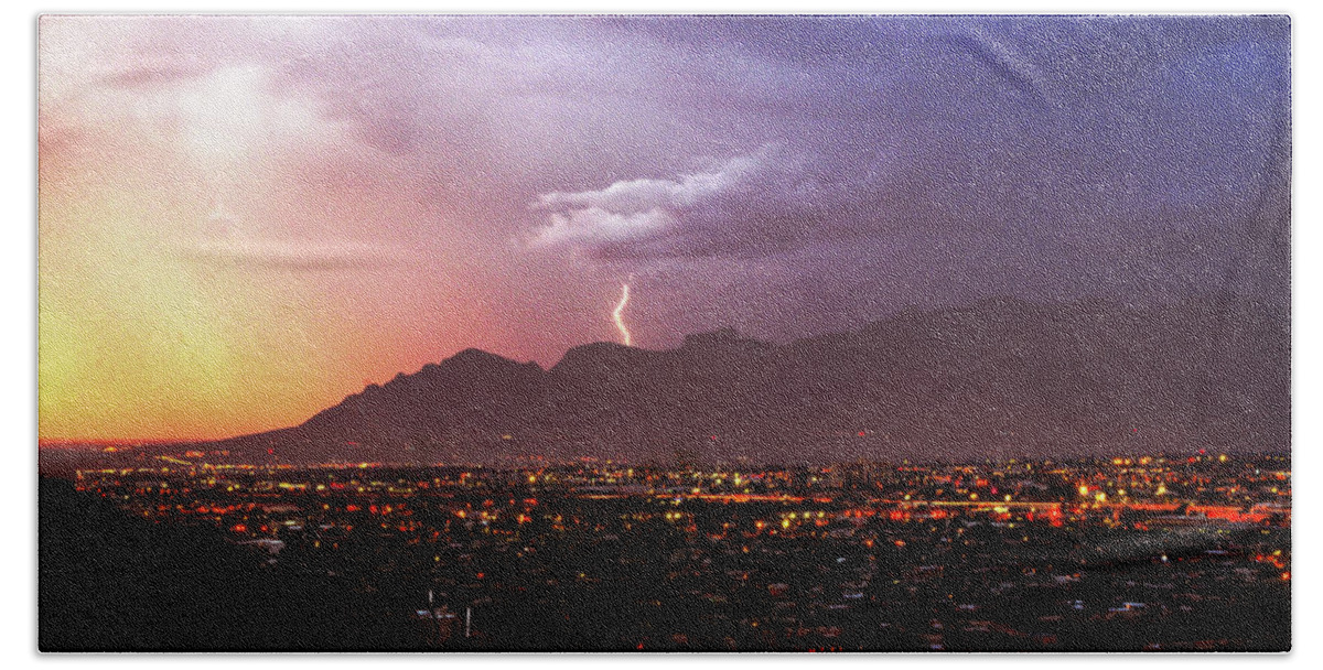 Lightning Bath Towel featuring the photograph Lightning bolt over the Santa Catalina Mountains and Tucson, Arizona by Chance Kafka