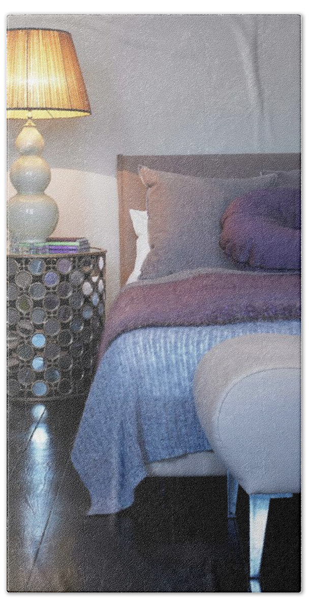 Ip_11260923 Hand Towel featuring the photograph Lilac Cushion And Bedspread On Bed, Lamp On Bedside Cabinet And Stool At Foot Of Bed In Bedroom by Stefan Thurmann