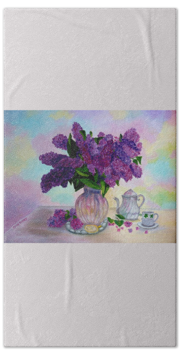 Lilacs Bath Towel featuring the painting Lilac Spring Tea by Julie Brugh Riffey