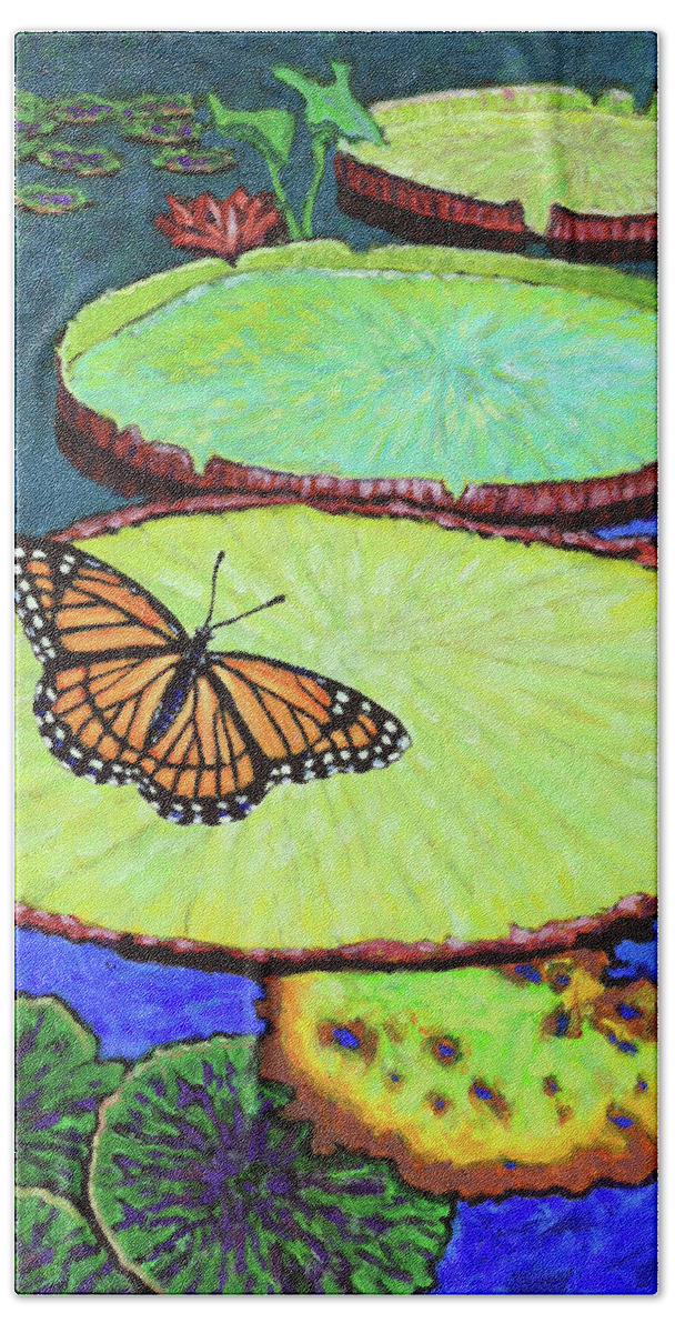 Butterfly Hand Towel featuring the painting Lily Pads and Butterfly by John Lautermilch