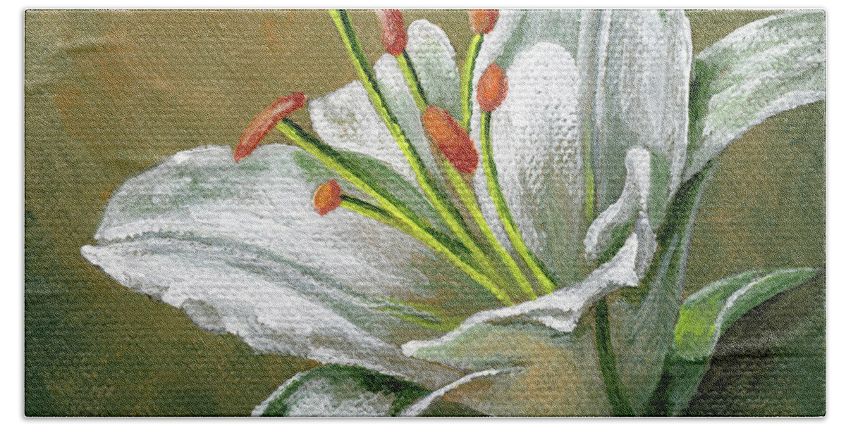 Flower Hand Towel featuring the painting Lily White Flower - right by Annie Troe