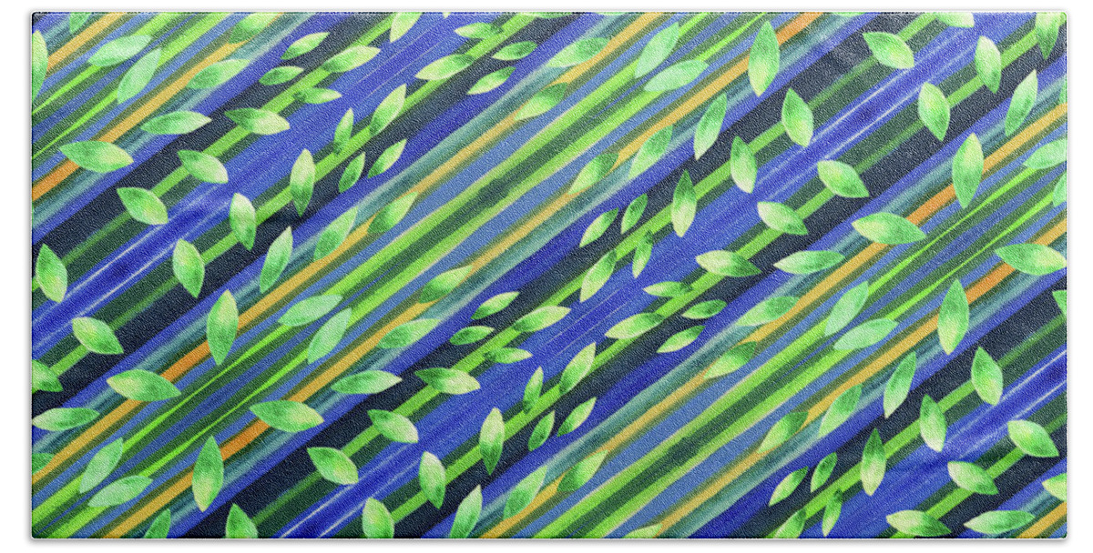 Green Bath Towel featuring the painting Lines And Leaves Nature Pattern II by Irina Sztukowski