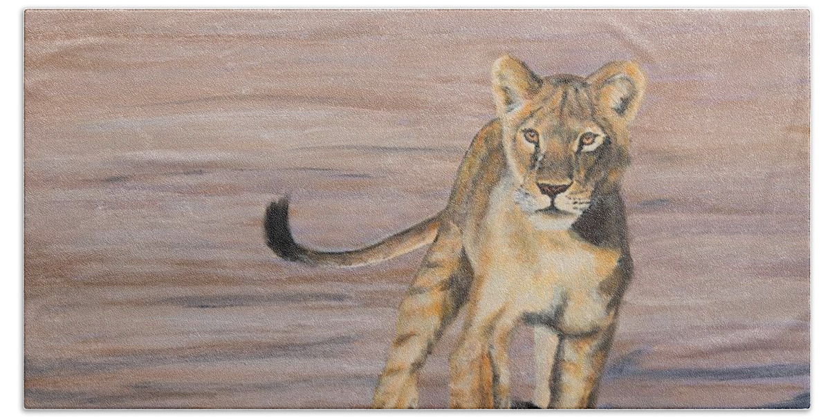 Lioness Hand Towel featuring the painting Lioness by Kirsty Rebecca