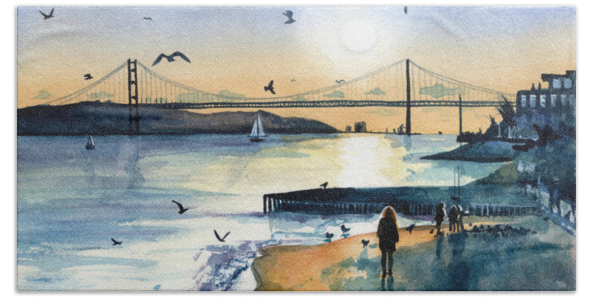Portugal Bath Towel featuring the painting Lisbon 25 Abril Bridge at Dusk by Dora Hathazi Mendes