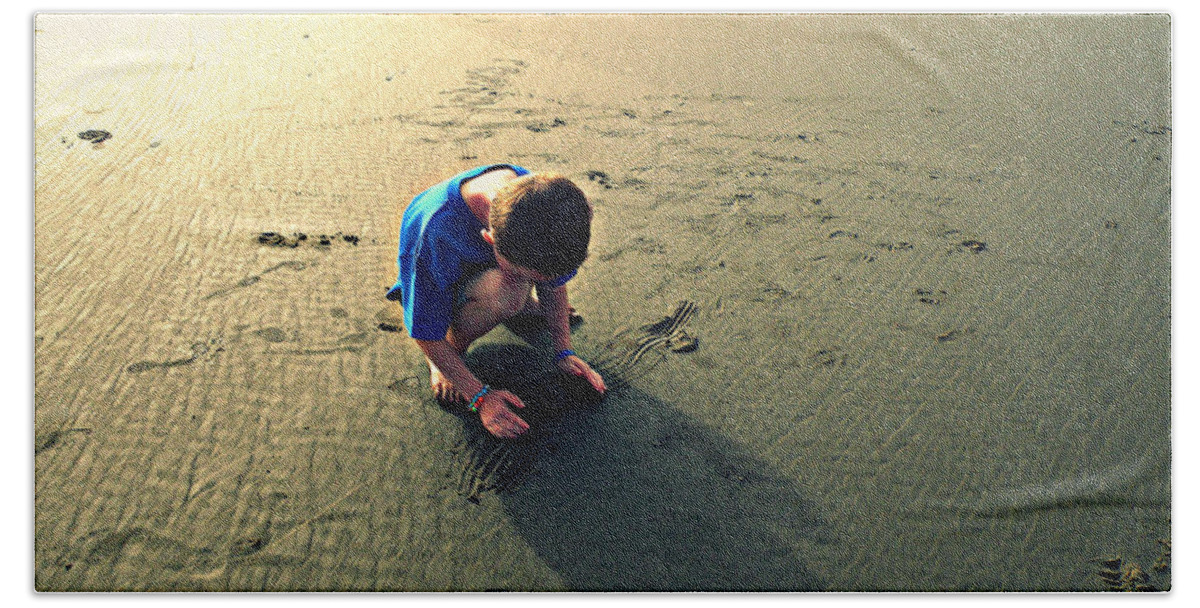 Little Boy On The Beach Bath Towel featuring the photograph Little Boy on the Beach by Micki Findlay