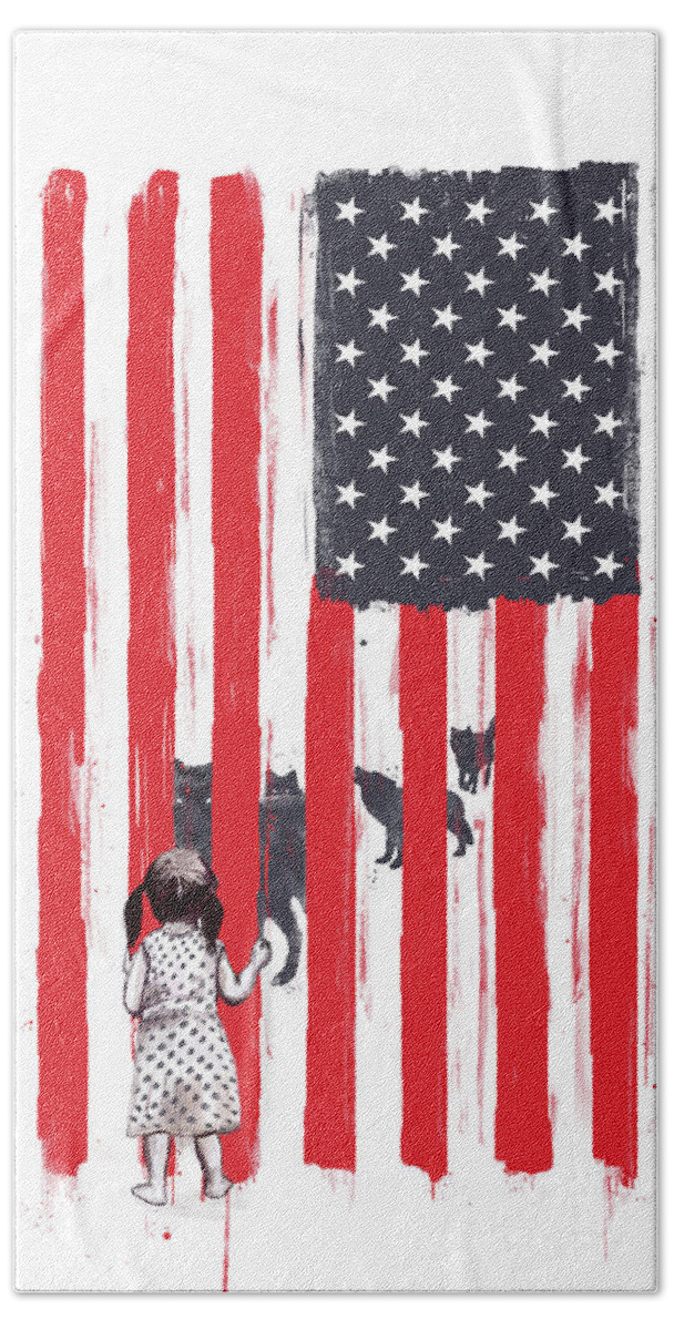Usa Hand Towel featuring the painting Little girl and wolves by Balazs Solti