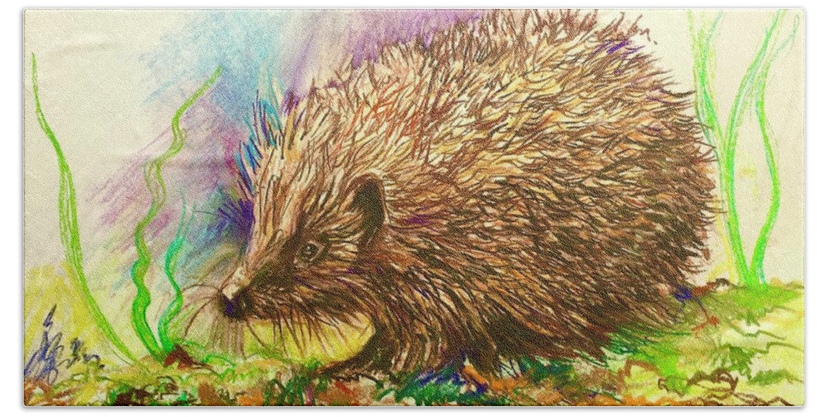 Hedgehog Bath Towel featuring the pastel Little Hedgehog by Kevin Derek Moore