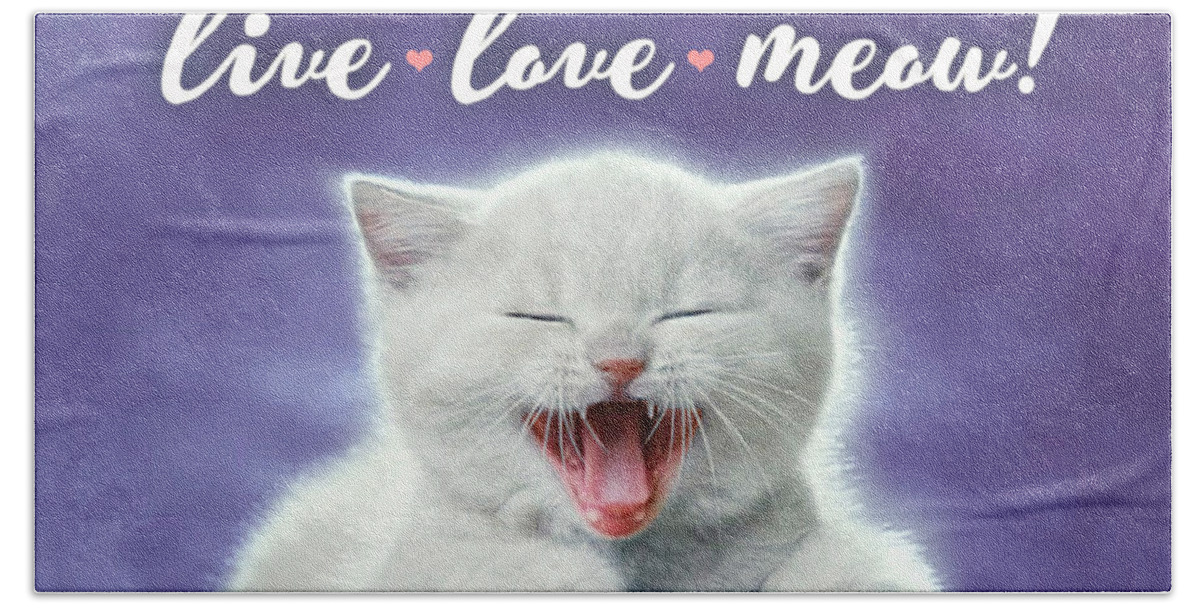 Cat Bath Towel featuring the digital art Live Love Meow Purple by Evie Cook