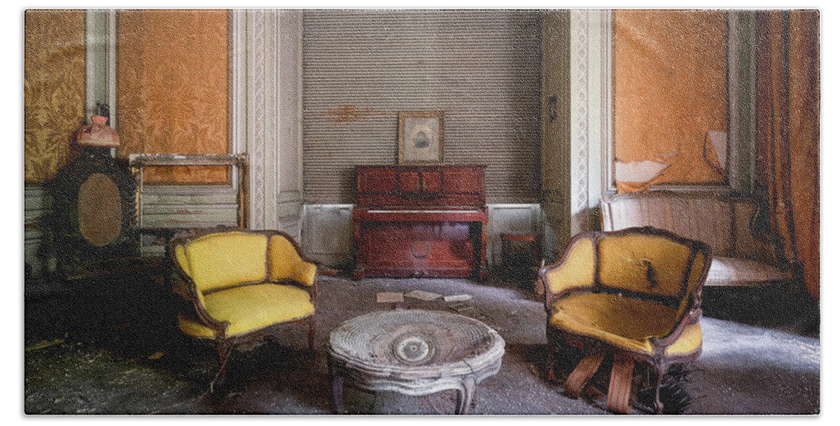 Urban Bath Towel featuring the photograph Living Room in Decay with Piano by Roman Robroek