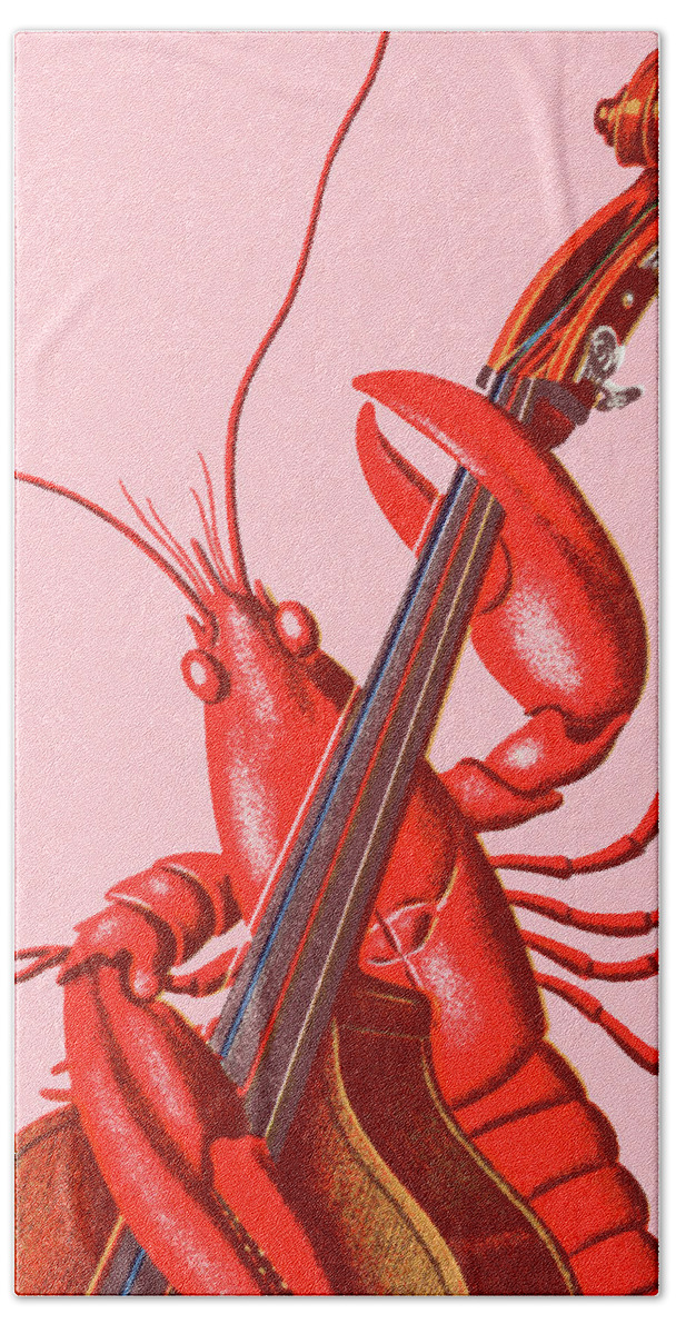 Bass Hand Towel featuring the drawing Lobster Playing an Upright Bass by CSA Images