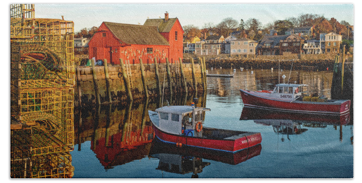 Massachusetts Bath Towel featuring the photograph Lobster Traps, Lobster Boats, and Motif #1 by Jeff Sinon