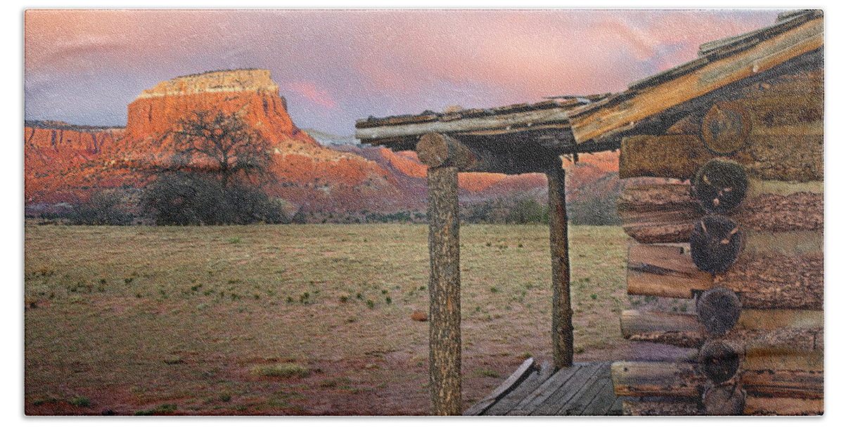 00586268 Bath Towel featuring the photograph Log Cabin, Kitchen Mesa, Ghost Ranch, New Mexico by Tim Fitzharris