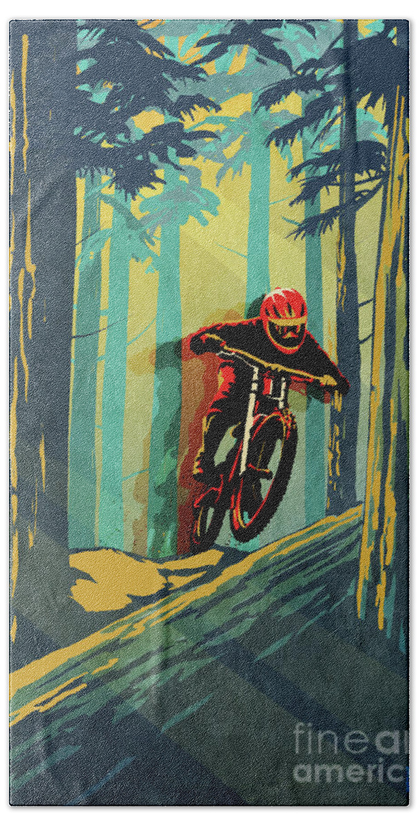 Mountain Bike Bath Towel featuring the painting Log Jumper by Sassan Filsoof