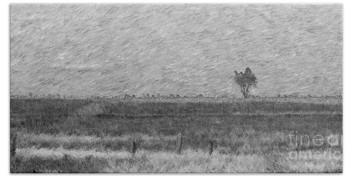 Tree Bath Towel featuring the mixed media Lonely Tree Pano Painterly Grayscale by Jennifer White
