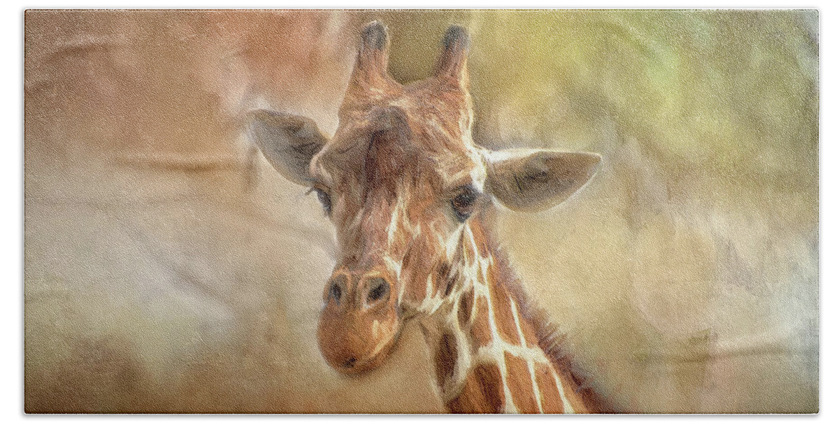 Giraffe Hand Towel featuring the painting Long and Lean Giraffe by Jeanette Mahoney
