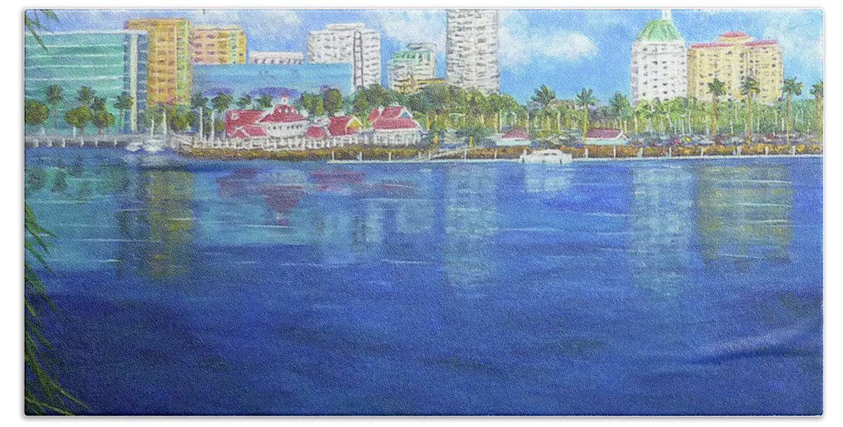 Long Beach Shoreline Bath Towel featuring the painting Long Beach Shoreline by Amelie Simmons
