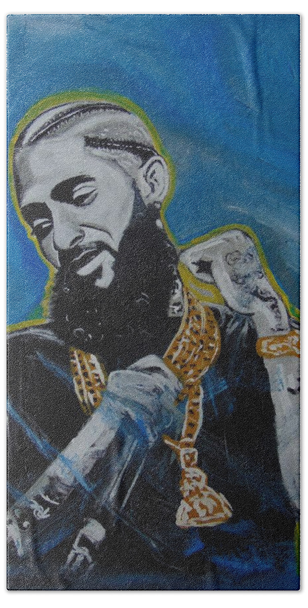 Nipsey Bath Towel featuring the painting Long Live Nipsey by Antonio Moore