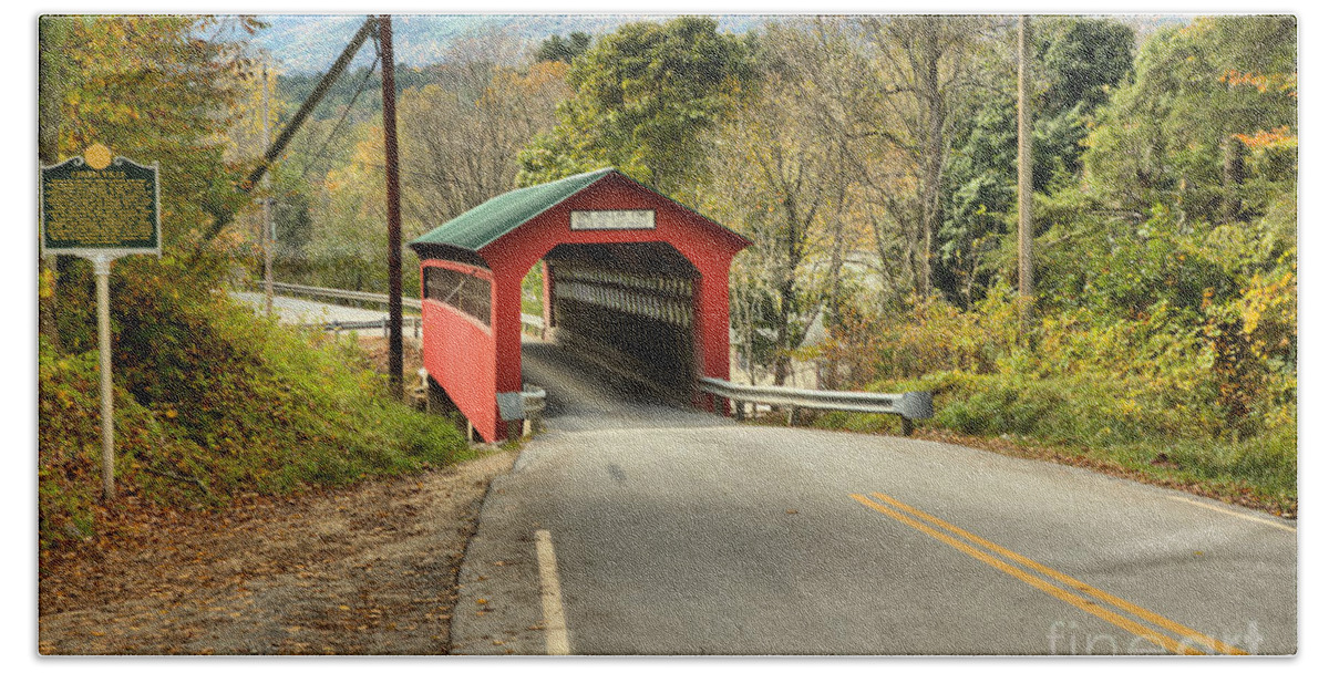 Chiselville Covered Bridge Hand Towel featuring the photograph Looking Down On The Chiselville Covered Bridge by Adam Jewell