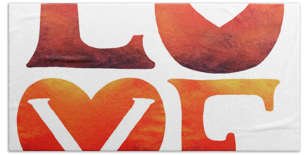 Red Bath Towel featuring the painting Love Sign Hot Watercolor Silhouette Letters Hearts by Irina Sztukowski