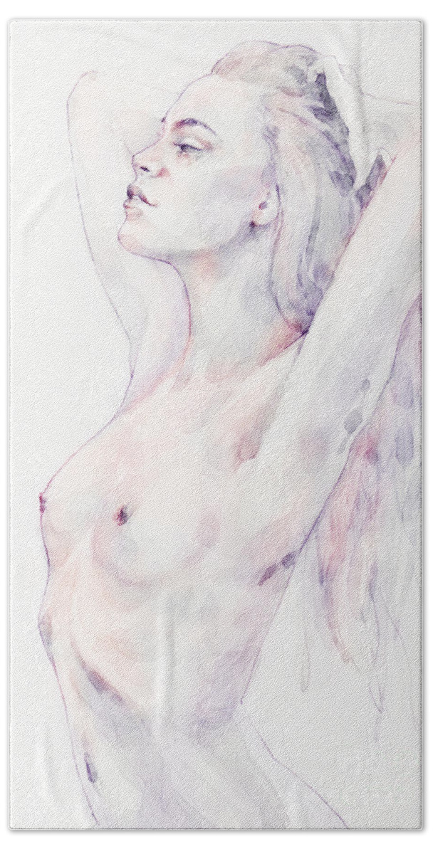 Watercolor Bath Towel featuring the painting Lovely classical pose girl portrait by Dimitar Hristov