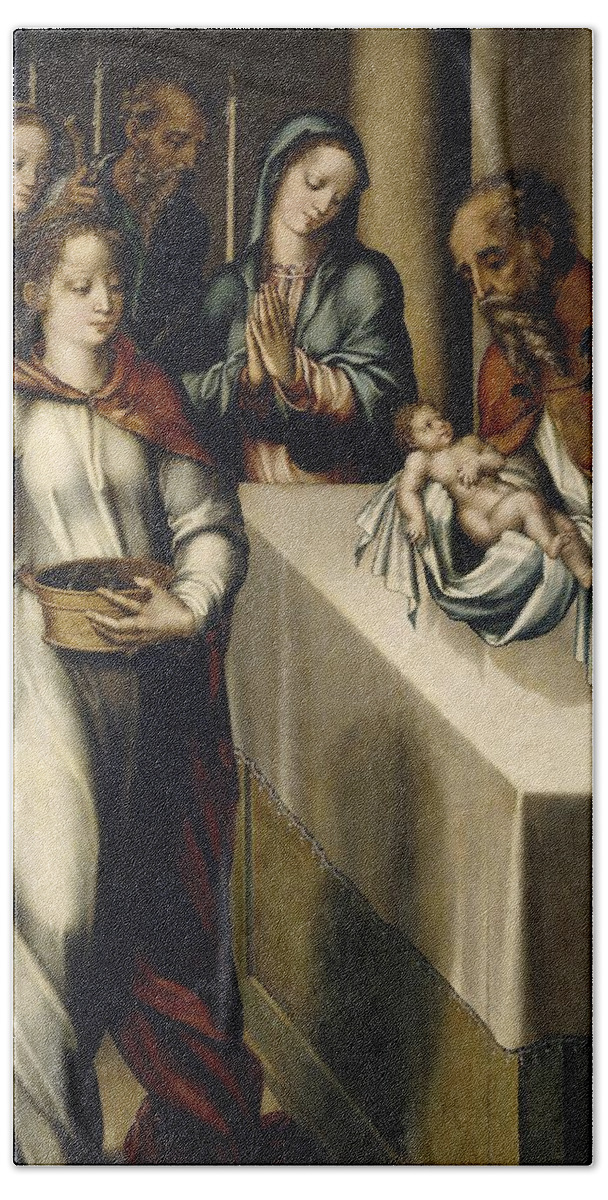 Luis De Morales Hand Towel featuring the painting Luis de Morales / 'The Presentation of Jesus at the Temple', 1560-1568, Spanish School. CHILD JESUS. by Luis de Morales -1509-1586-