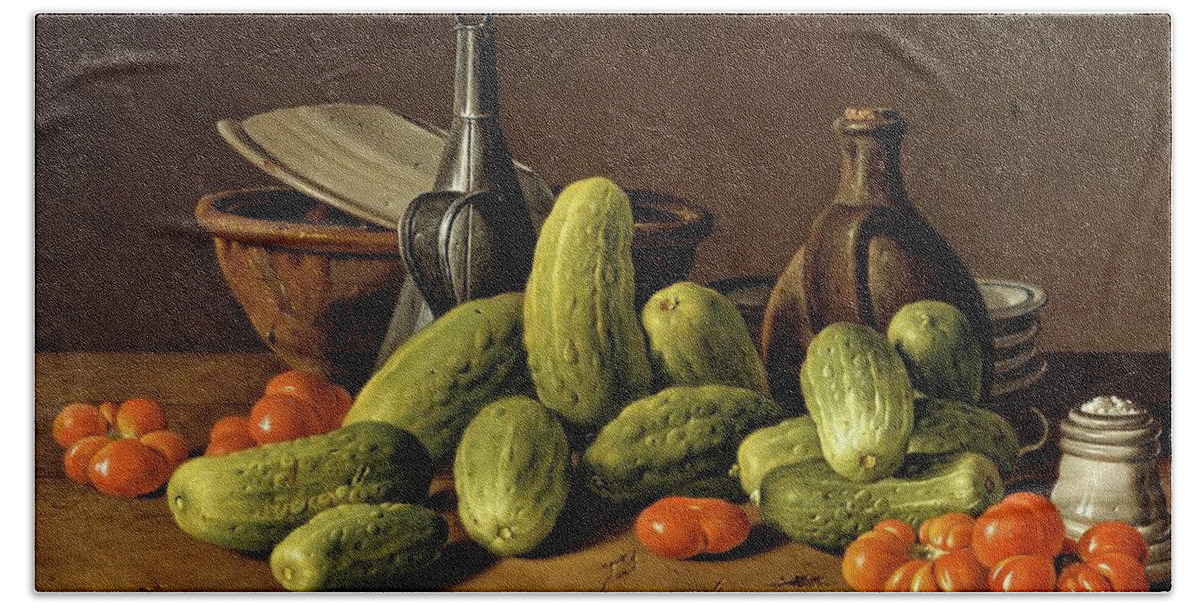 Luis Egidio Melendez Bath Towel featuring the painting Luis Egidio Melendez / 'Still Life with Cucumbers, Tomatoes, and Kitchen Utensils', 1774. by Luis Melendez -1716-1780-