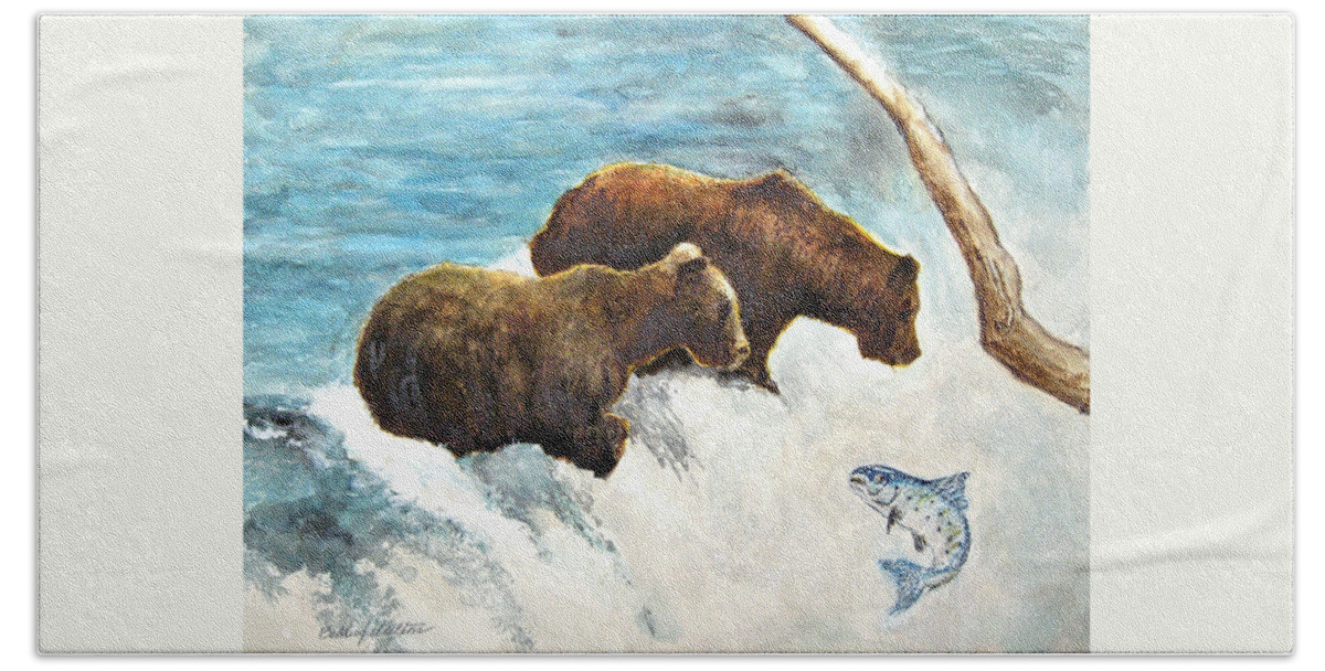 Bears. Water Bath Towel featuring the painting Lunch anyone? by Bobby Walters