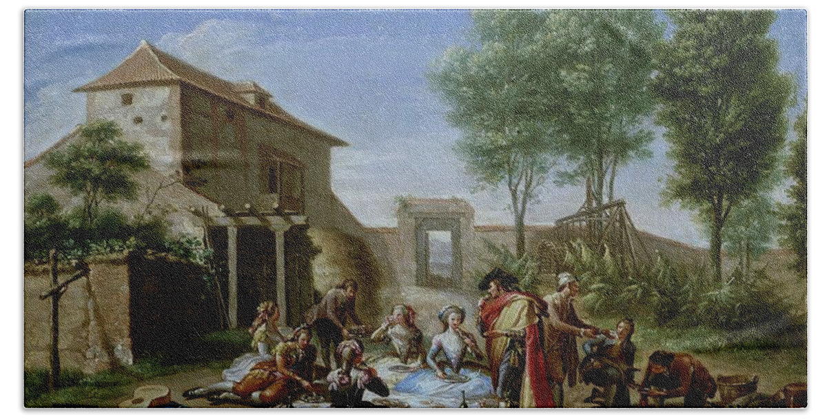 Francisco Bayeu Y Subias Hand Towel featuring the painting 'Lunch on the Field', 1784, Spanish School, Oil on canvas, 37 cm x 56 ... by Francisco Bayeu y Subias -1734-1795-