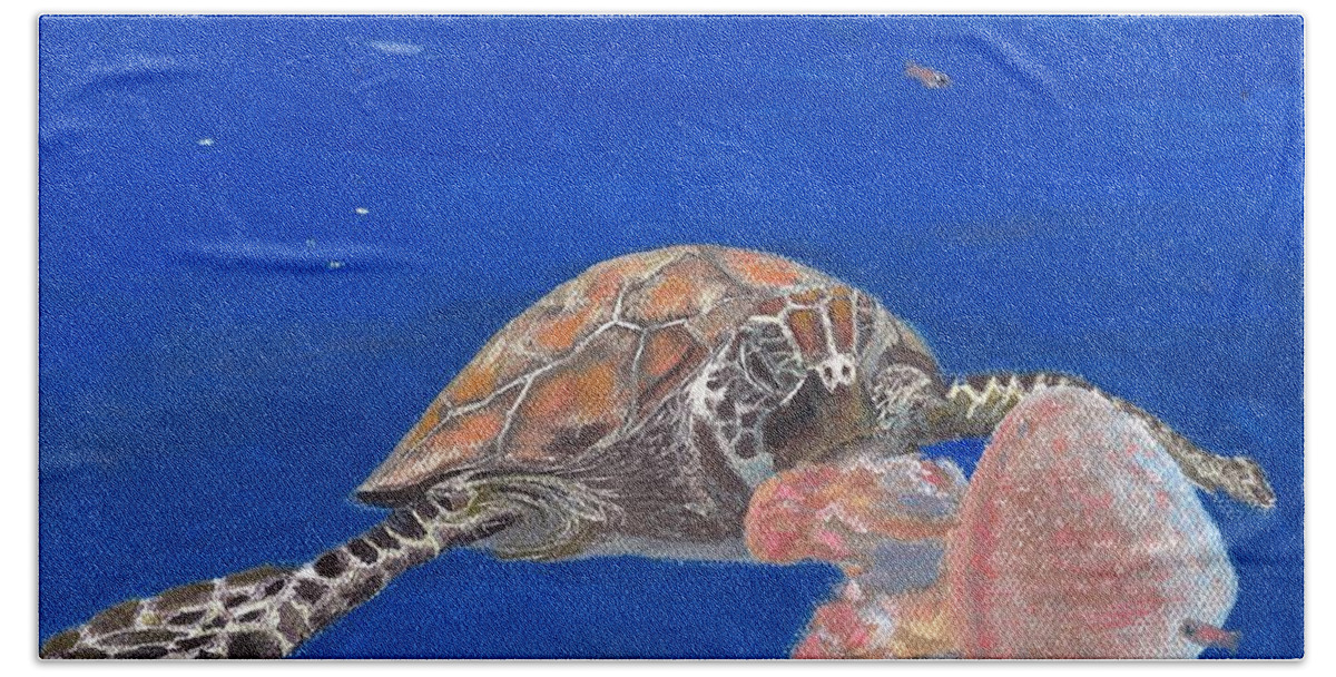 Turtle Hand Towel featuring the painting Lunchtime on the Reef 2 by Mike Jenkins