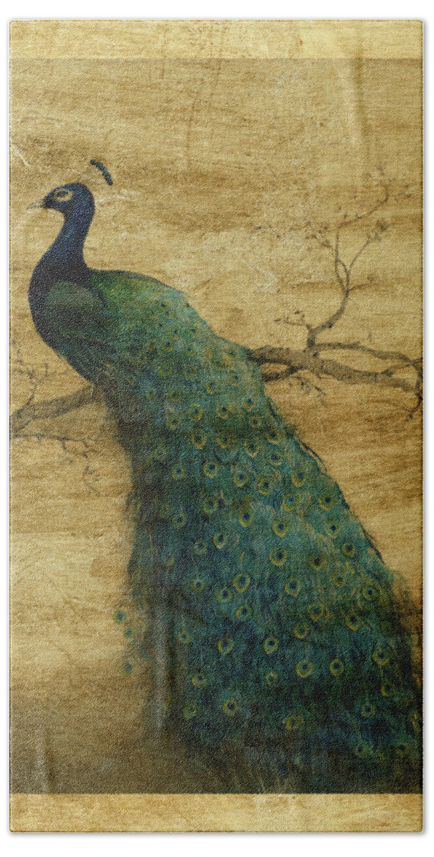 Animals & Nature+animals & Nature+birds Hand Towel featuring the painting Lustr Peacock Blue II by Tim Otoole