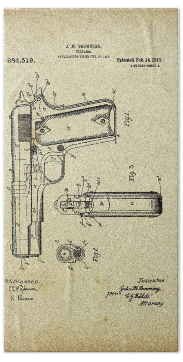 Firearm Hand Towel featuring the digital art M1911 Browning Pistol Patent by Pheasant Run Gallery