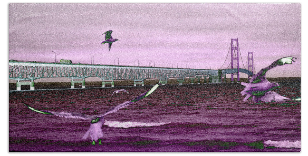 Mackinac Bridge Bath Towel featuring the photograph Mackinac Bridge Seagulls by Tom Kelly