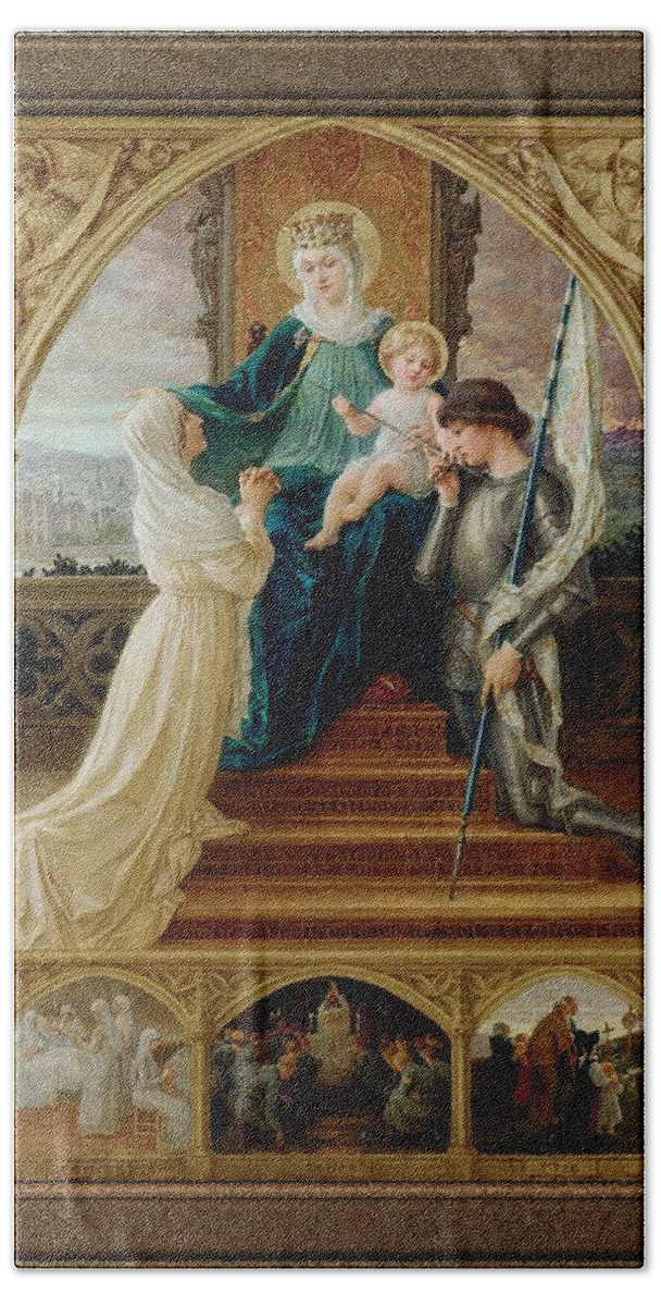 Madonna And Child Bath Towel featuring the painting Madonna and Child Seated Between St. Genevieve and Joan Of Arc by Elisabeth Sonrel by Rolando Burbon